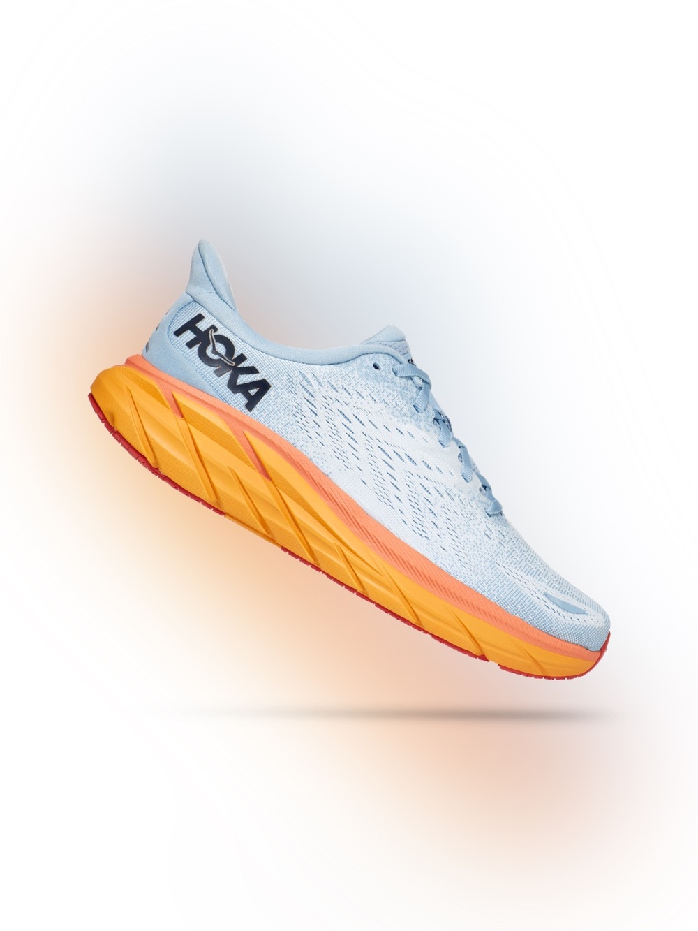 Hoka Women's Clifton 8 Light Blue Upper with Yellow and Orange Running Shoes 9 - Picture 4 of 10